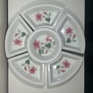Vintage Floral Serving Platter Set with Center Bowl Lazy Susan Japan Silver Trim